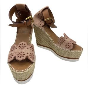See By Chloé Floral Suede Espadrille Wedge Sandal In Pink And Tan